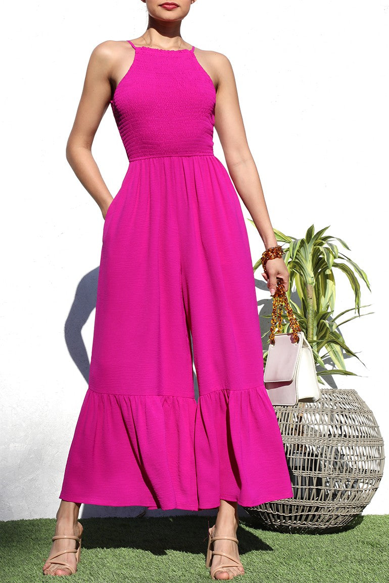 Fucsia smocked top woven jumpsuit