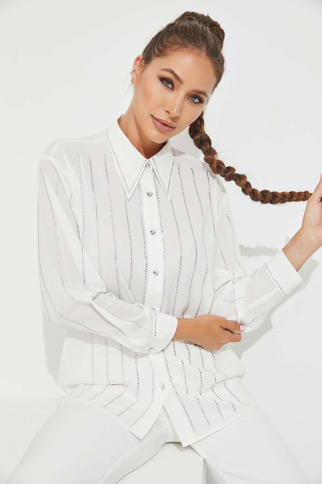 White Woven Blouse with Rhinestone