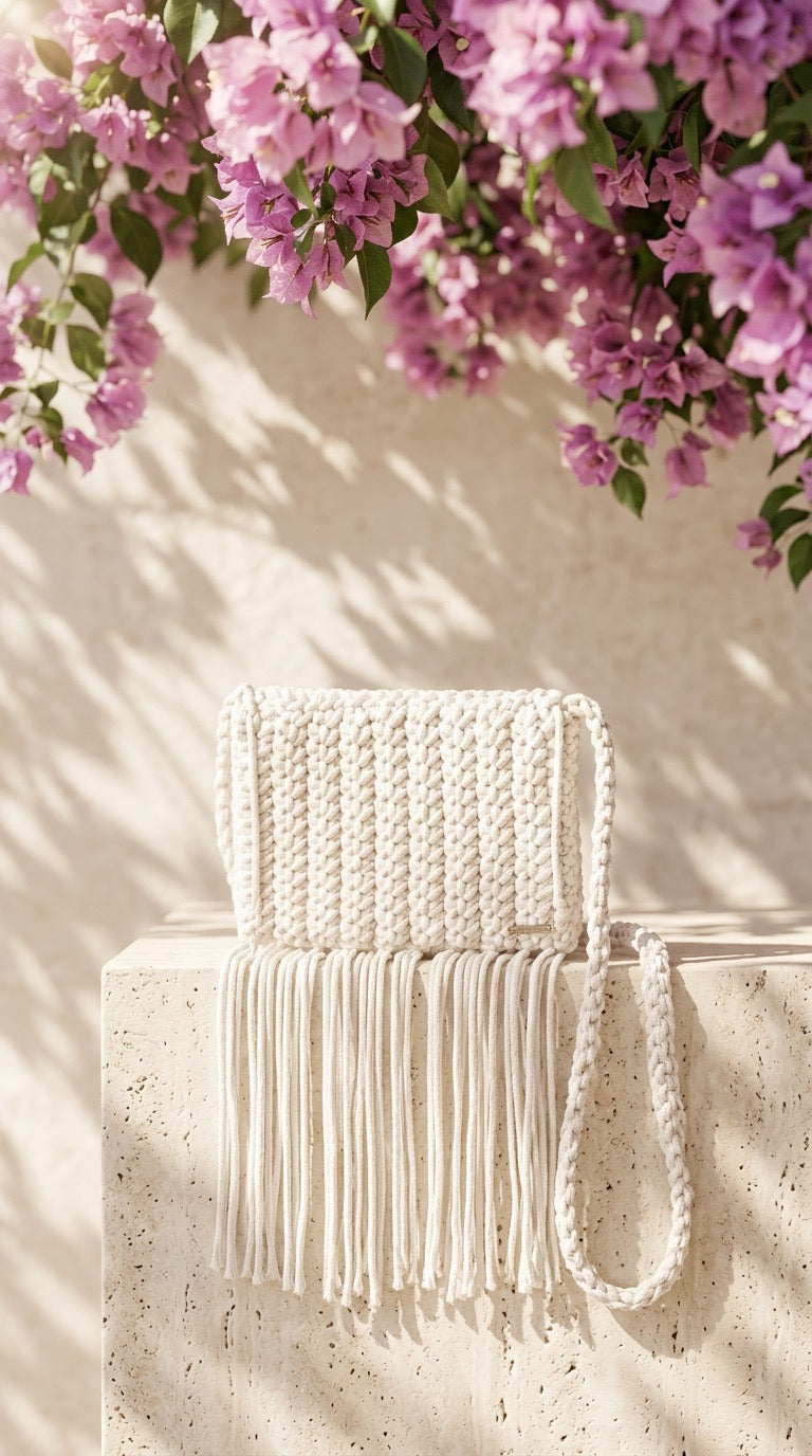 Cartera Artesanal de Macramé/NÚDO  Perla/ Blanca con Flecos