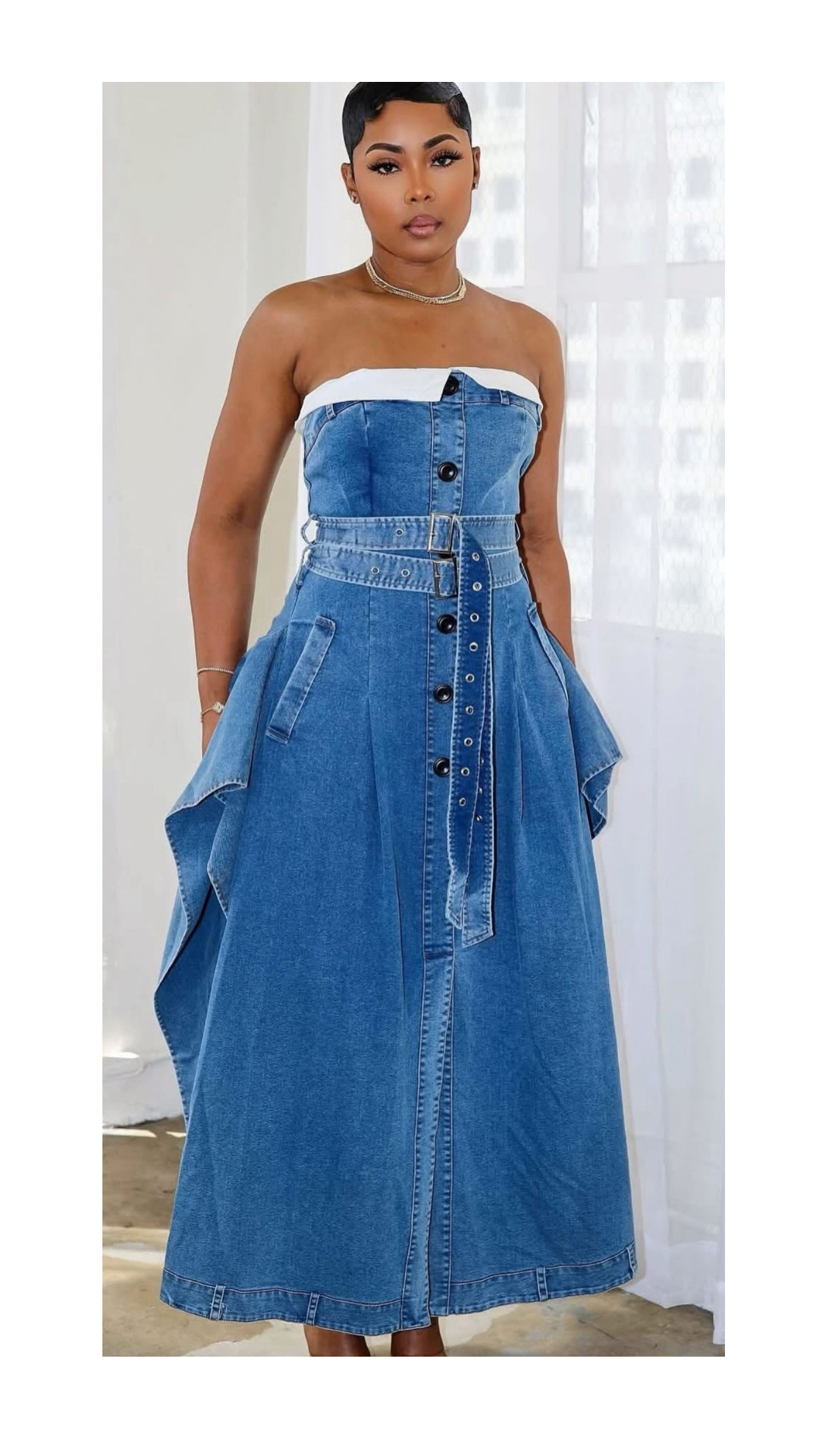 Denim belt dress