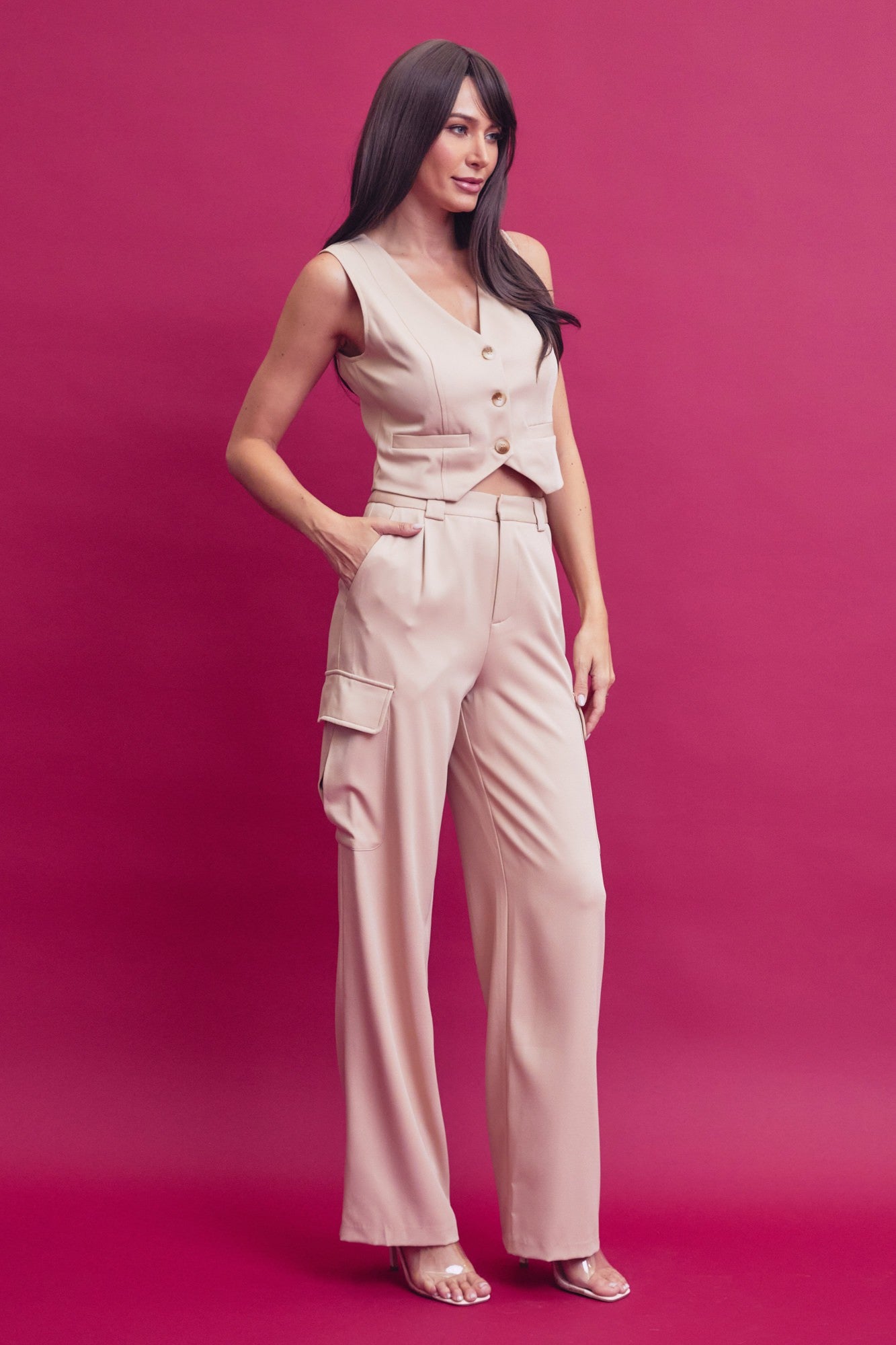 Button Down Vest and Pant Set with Pocket