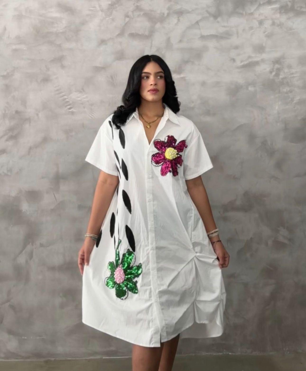 White Dress with Pearl & Sequin Floral Embroidery