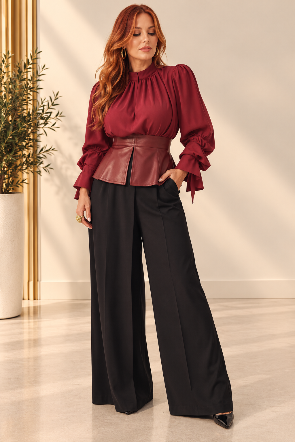 Wine Red Pleated Blouse with Leather Sleeves