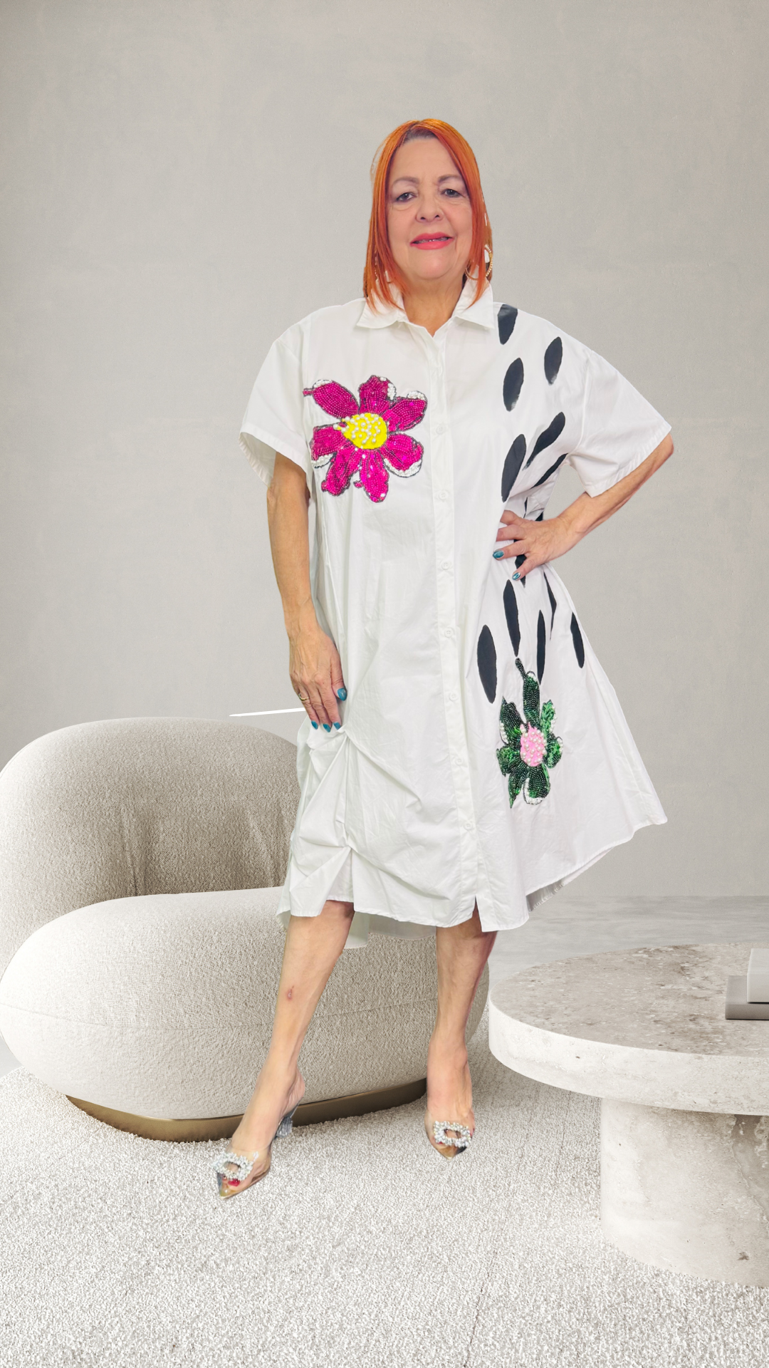 White Dress with Pearl & Sequin Floral Embroidery