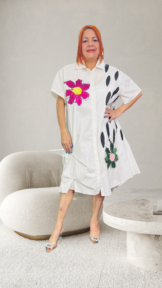 White Dress with Pearl & Sequin Floral Embroidery