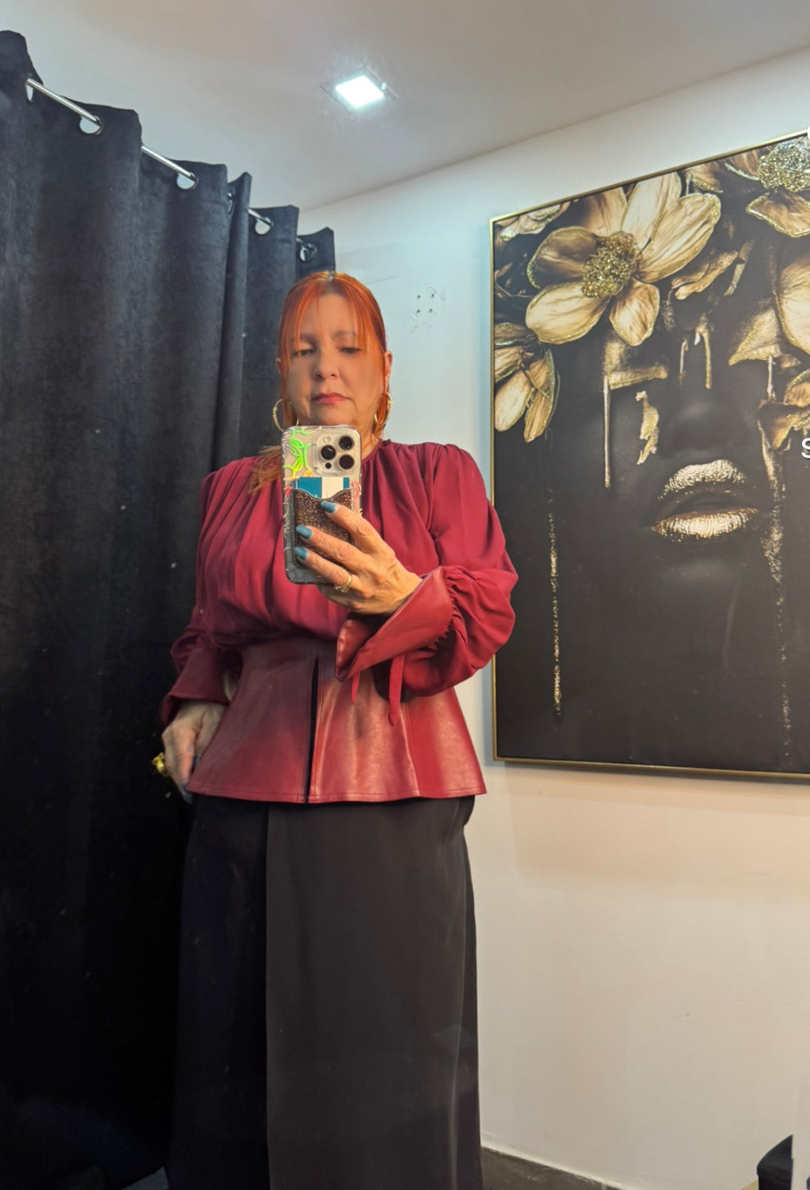 Wine Red Pleated Blouse with Leather Sleeves