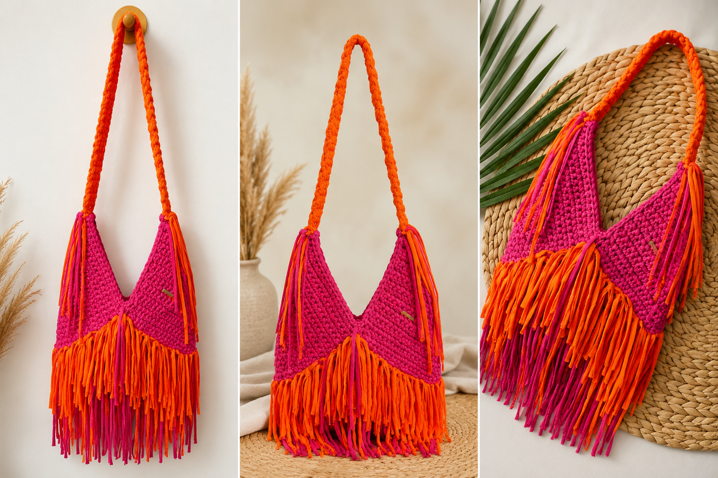 NÚDO Solara | Cartera Artesanal en Trapillo Fucsia y Anaranjado