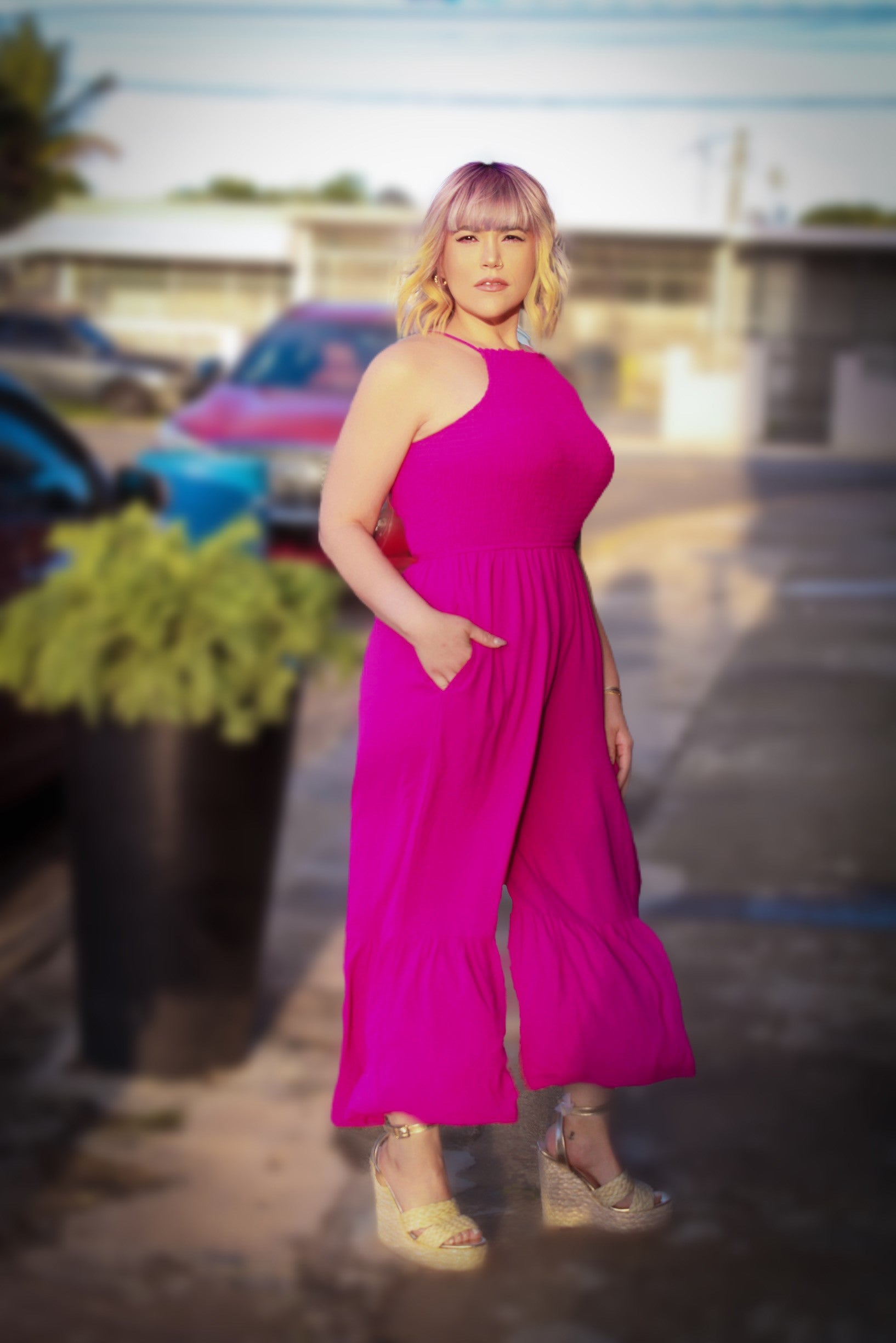 Fucsia smocked top woven jumpsuit