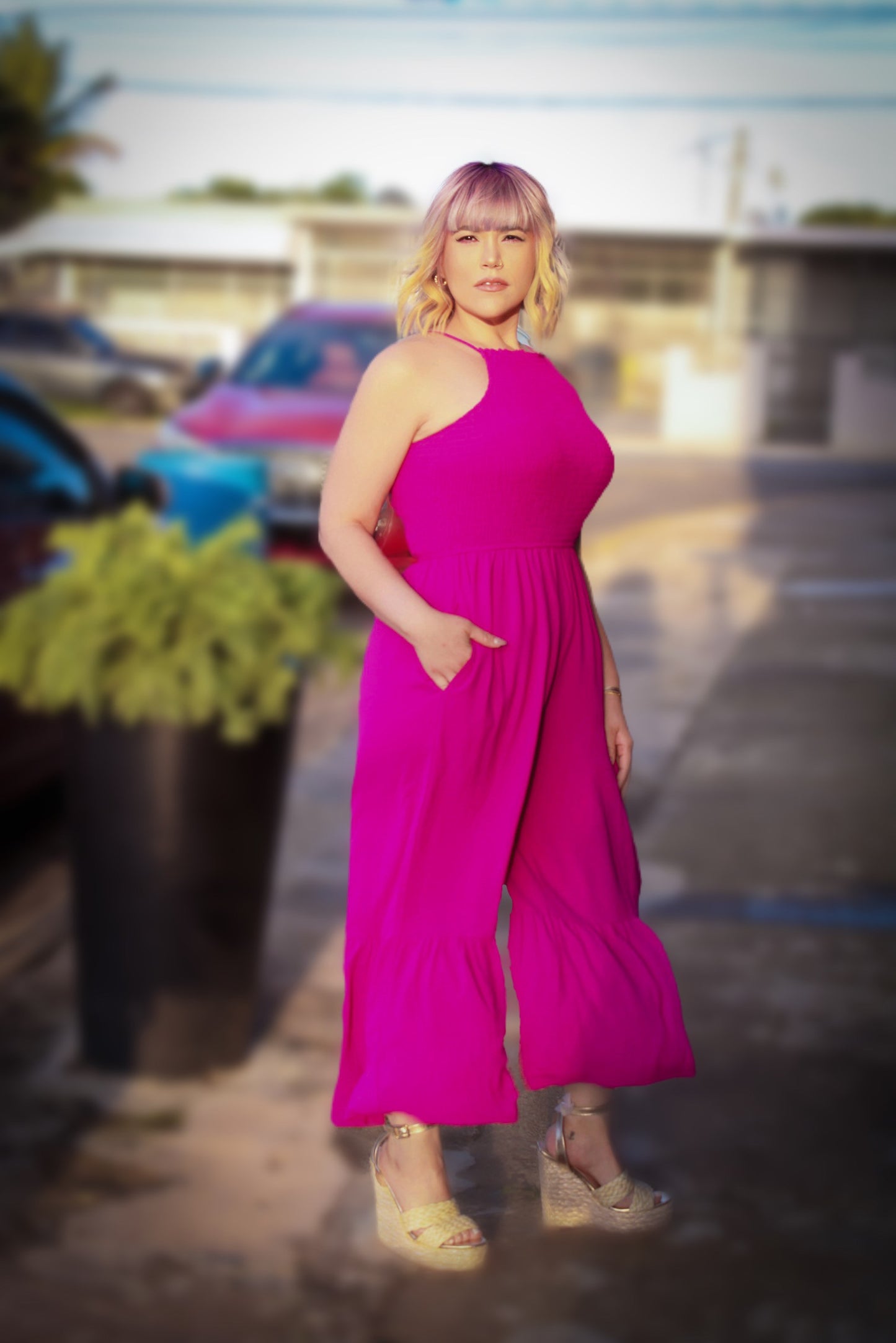 Fucsia smocked top woven jumpsuit