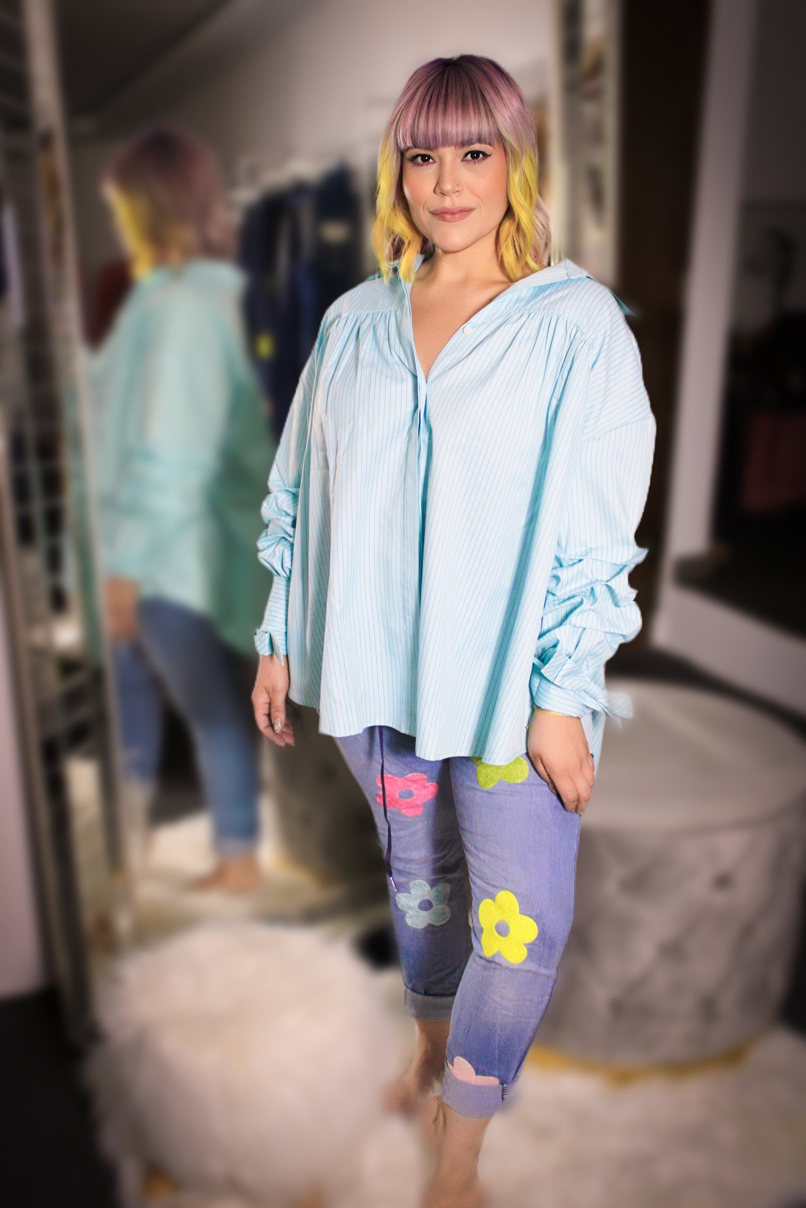 Oversized strip button front shirt